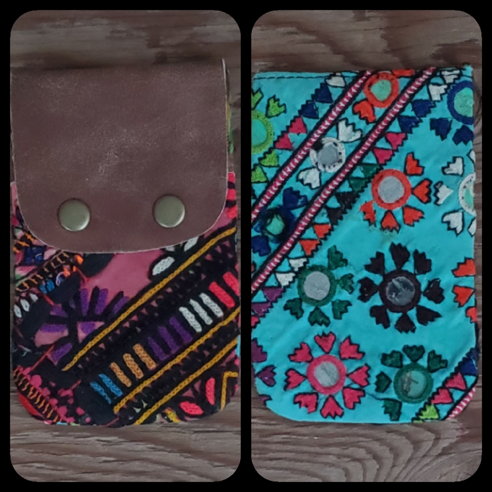 🧠🍳 Free People Boho Embroidered Repurposed vtg banjara hippie Wallet card case